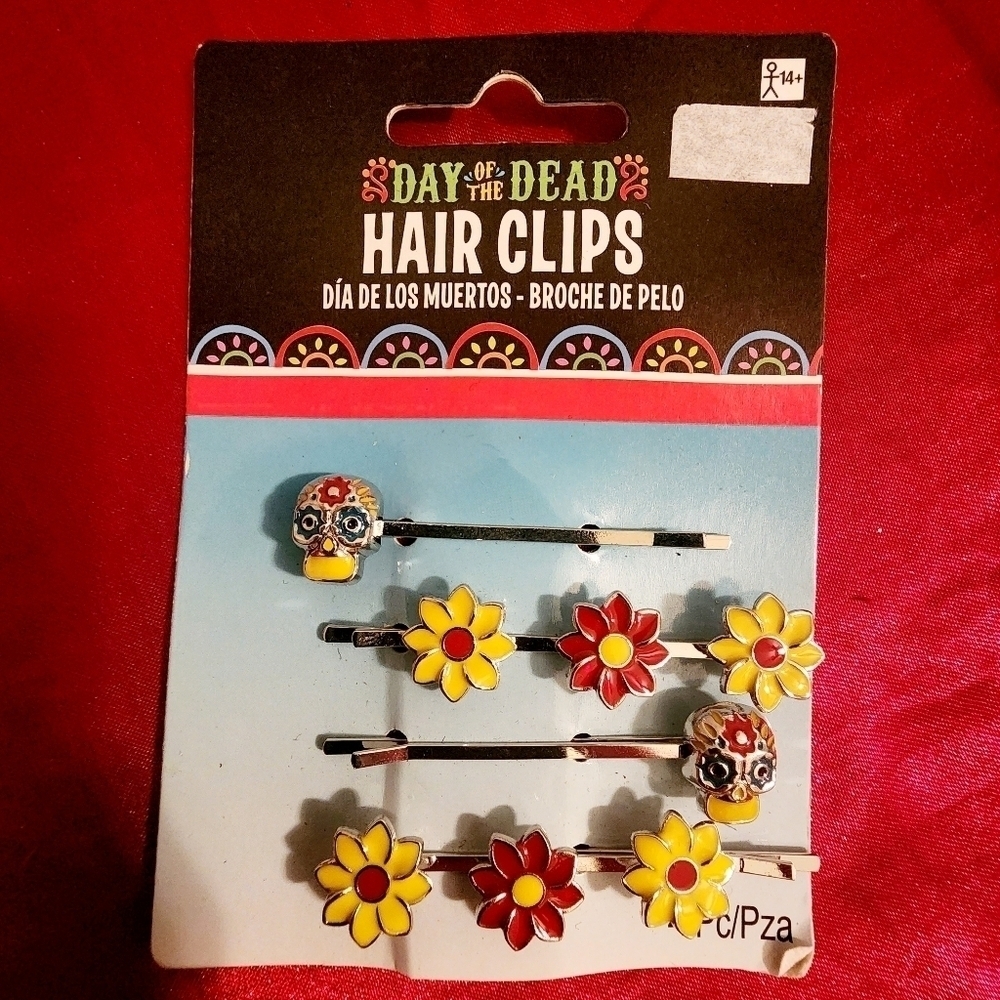 Four Day of the Dead Hair Clips Skulls & Flowers Dia De Los Muertos Halloween